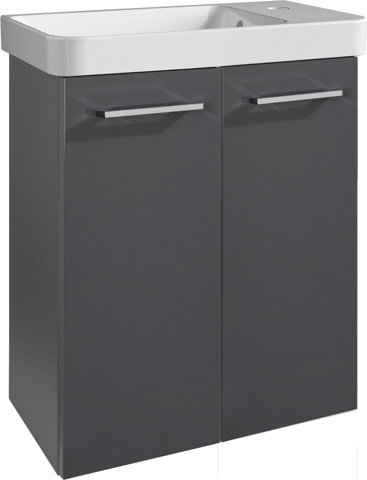 Moderner Waschtisch mit grauem Unterschrank und weißem Waschbecken, Frontalansicht