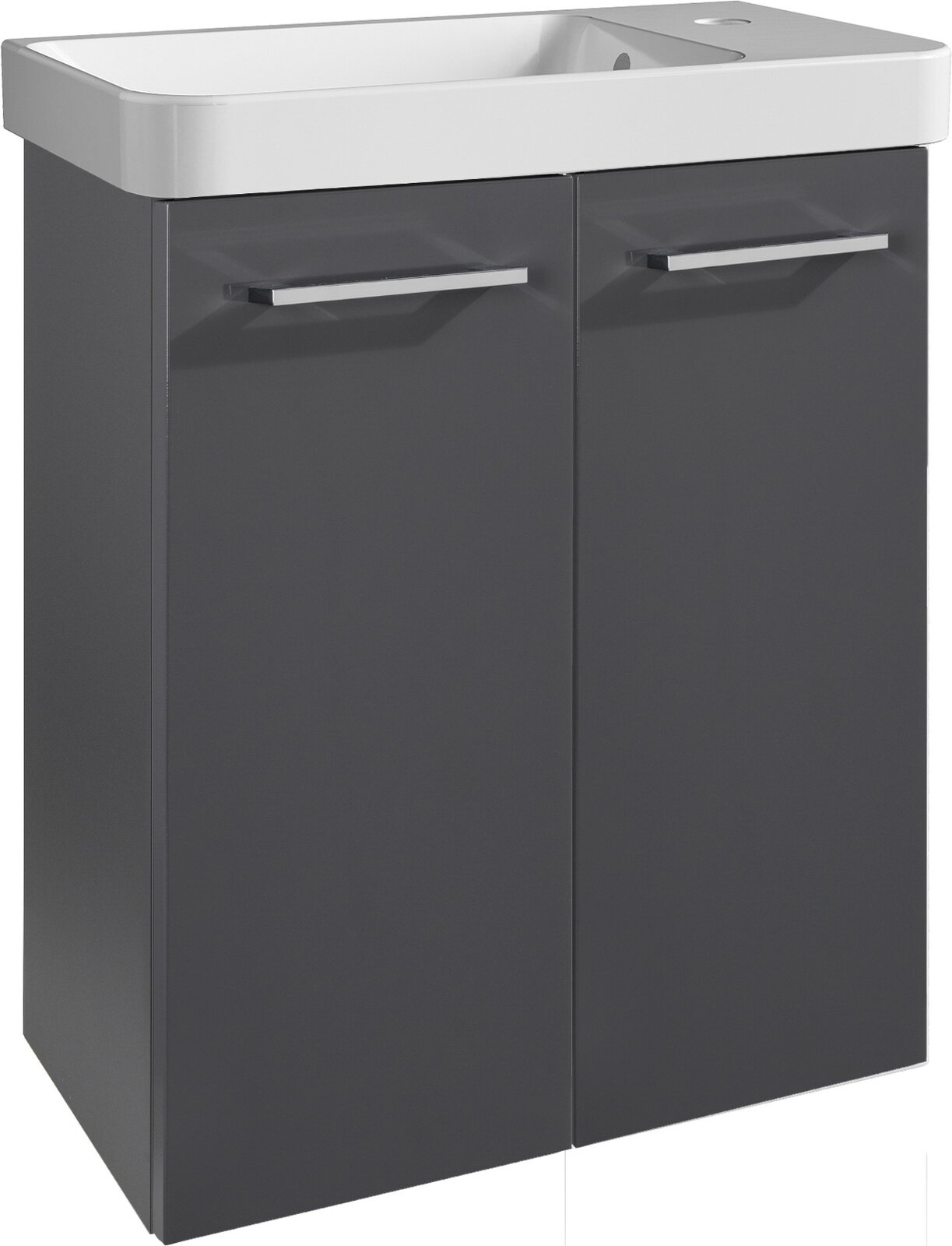 Moderner Waschtisch mit grauem Unterschrank und weißem Waschbecken, Frontalansicht