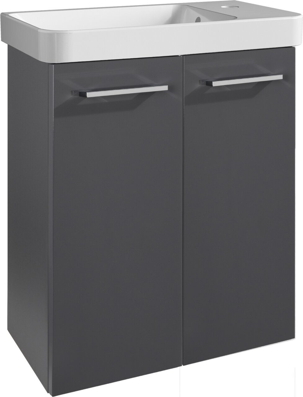 Moderner Waschtisch mit grauem Unterschrank und weißem Waschbecken, Frontalansicht