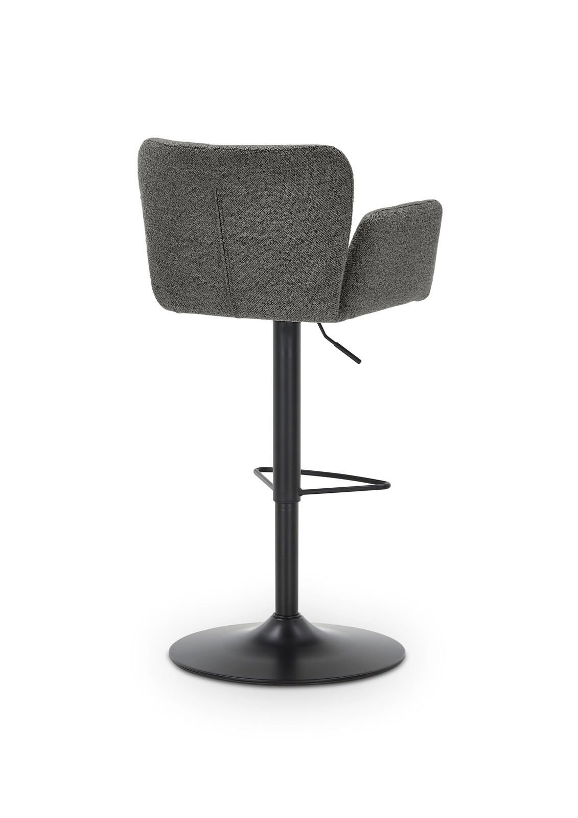 Rückansicht eines modernen Barhockers mit grauem Stoffbezug und schwarzem Metallgestell.