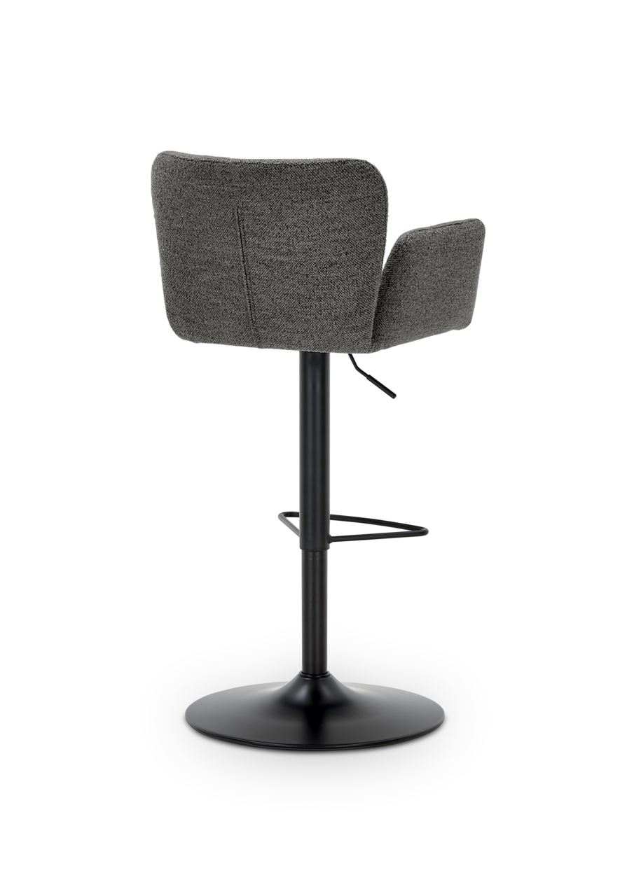 Rückansicht eines modernen Barhockers mit grauem Stoffbezug und schwarzem Metallgestell.