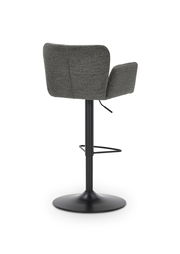 Rückansicht eines modernen Barhockers mit grauem Stoffbezug und schwarzem Metallgestell.