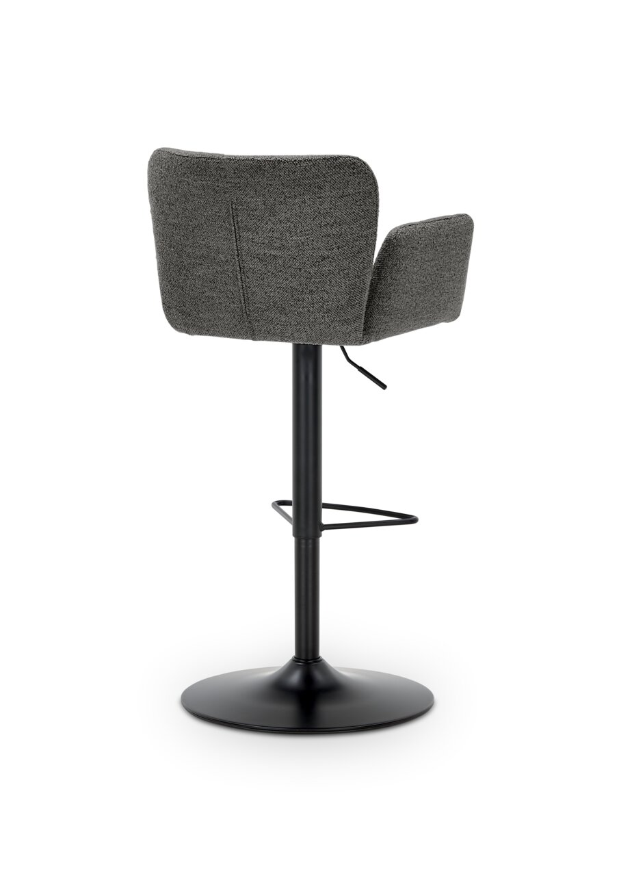 Achterkant van een moderne barkruk met grijze stoffen bekleding en een zwart metalen frame.