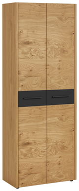 Garderobenschrank aus der Serie LEVIO von VOSS in Holzoptik mit zwei Türen und schwarzen Griffen, Frontalansicht