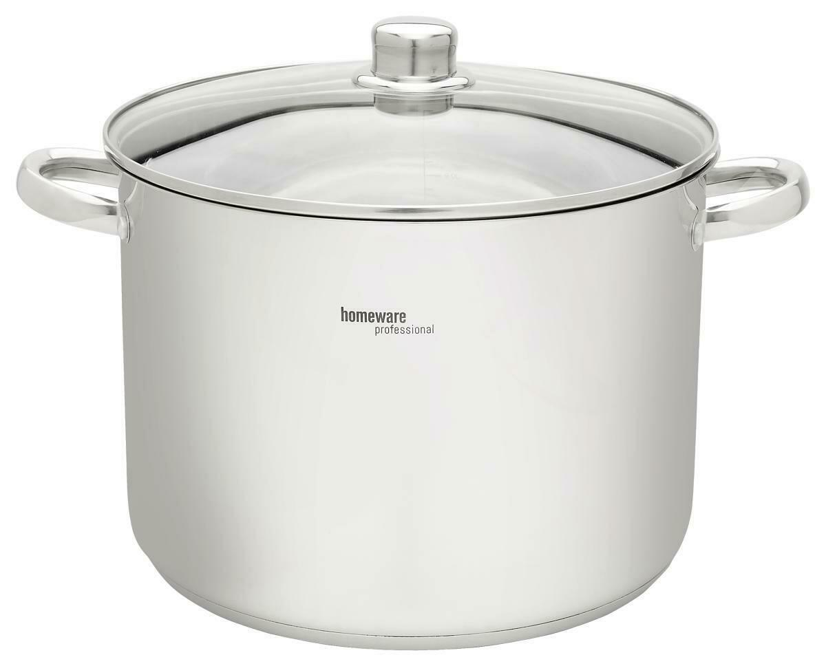 Suppentopf aus Edelstahl mit Glasdeckel und seitlichen Griffen, frontale Ansicht