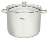 Suppentopf aus Edelstahl mit Glasdeckel und seitlichen Griffen, frontale Ansicht