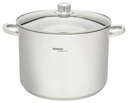 Suppentopf aus Edelstahl mit Glasdeckel und seitlichen Griffen, frontale Ansicht