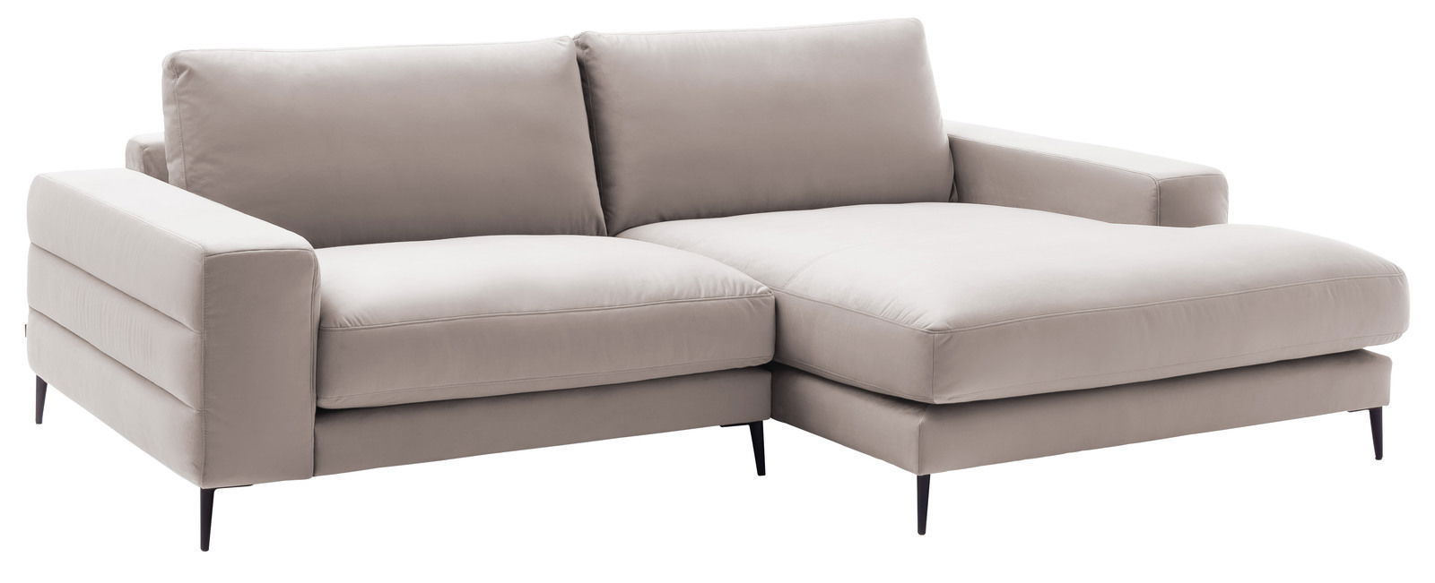 Beige Longchairkombination mit zwei großen Sitzkissen und einer verlängerten Liegefläche, seitliche Perspektive.