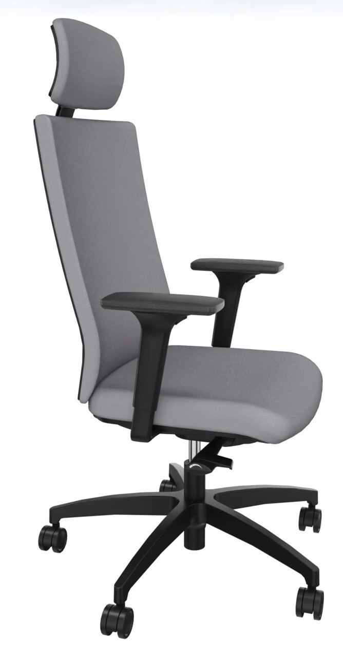 Grauer Drehstuhl mit Kopfstütze und Armlehnen, seitliche Perspektive