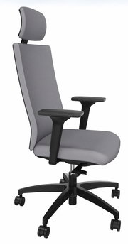 Grauer Drehstuhl mit Kopfstütze und Armlehnen, seitliche Perspektive