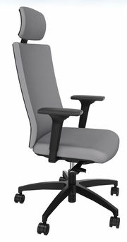 Grauer Drehstuhl mit Kopfstütze und Armlehnen, seitliche Perspektive