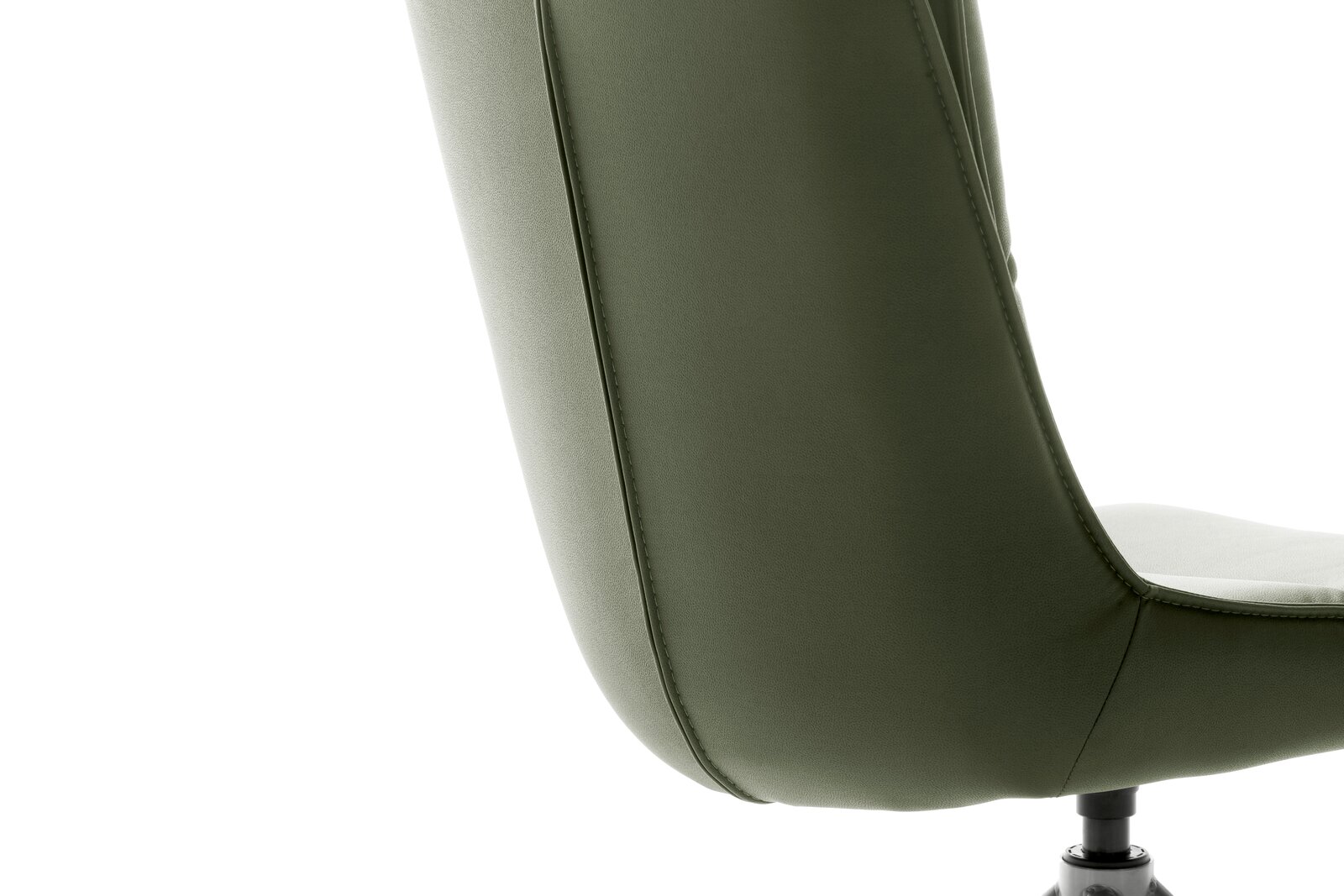 Rückansicht eines grünen Stuhls mit gepolsterter Rückenlehne und schwarzem Drehfuß