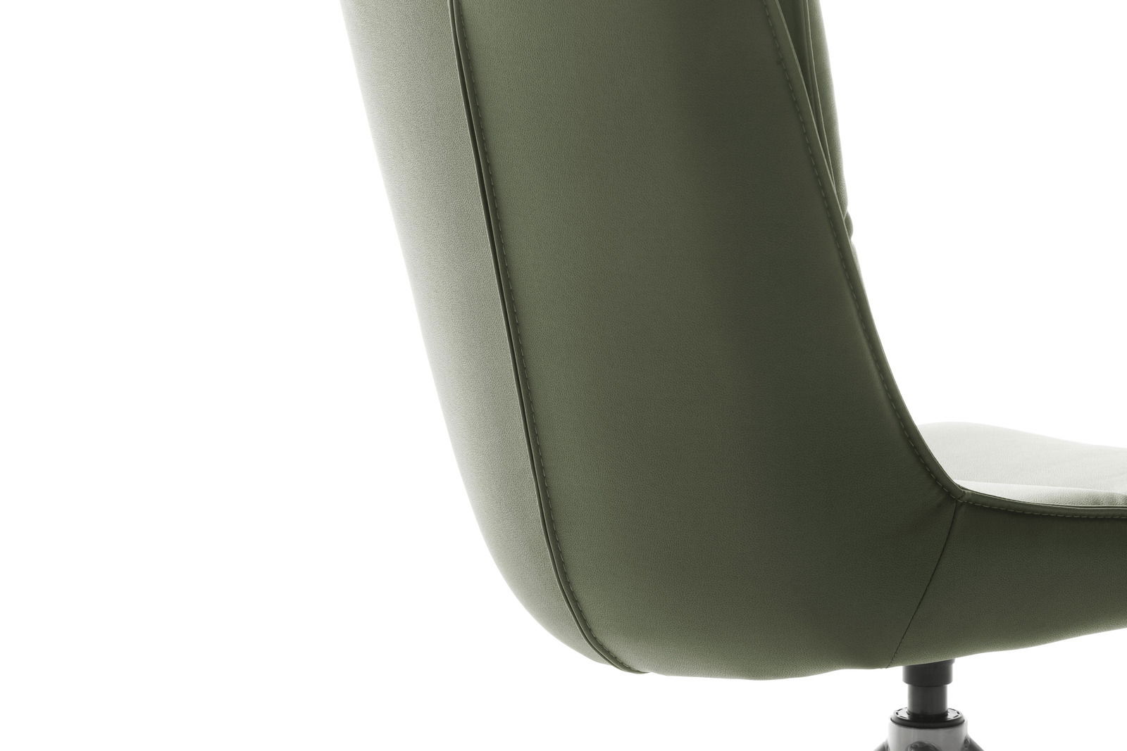 Rückansicht eines grünen Stuhls mit gepolsterter Rückenlehne und schwarzem Drehfuß