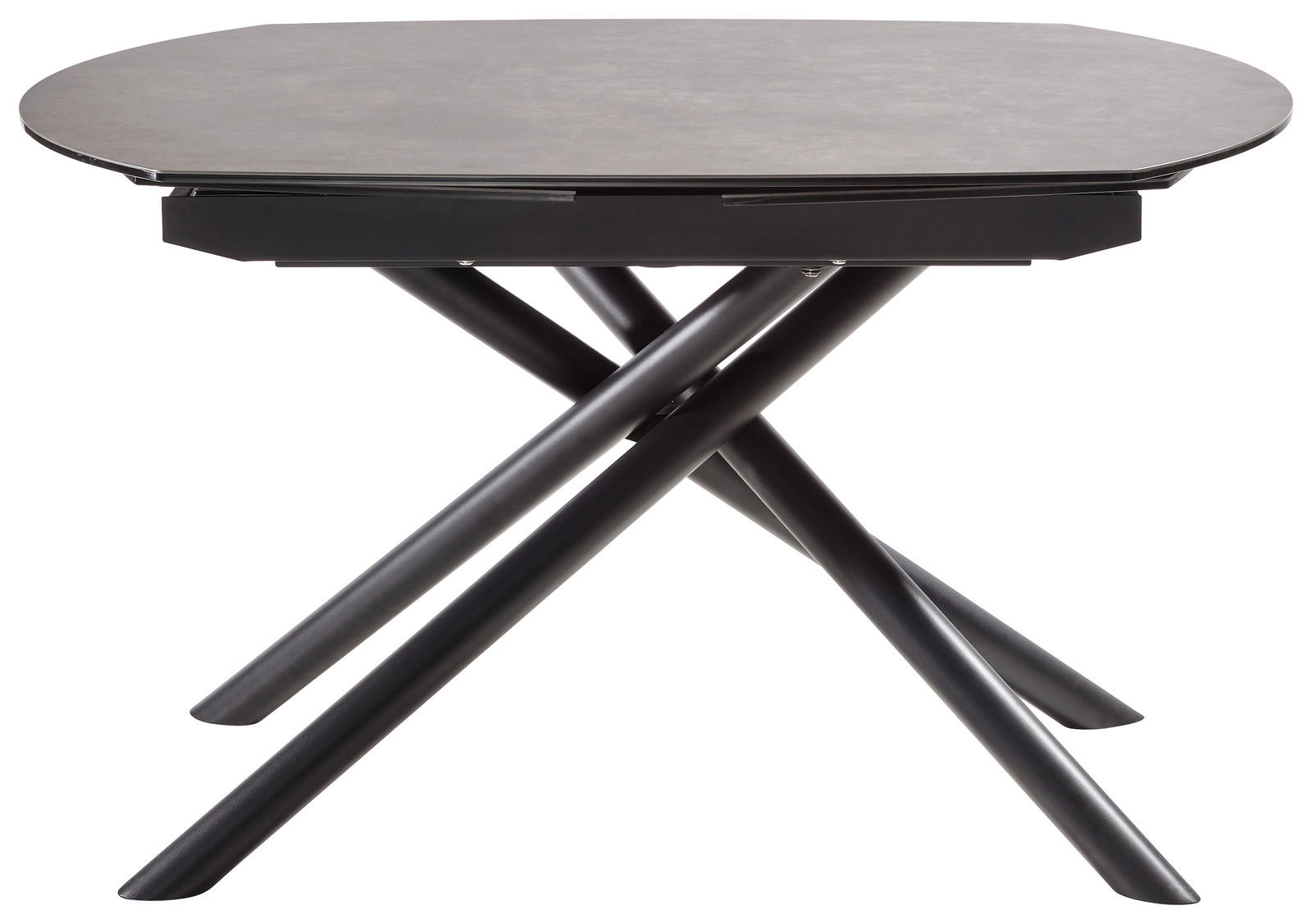 Moderner Esstisch mit runder Tischplatte und überkreuzten schwarzen Beinen, seitliche Perspektive.