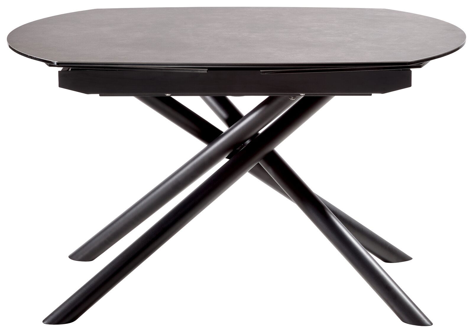 Moderner Esstisch mit runder Tischplatte und überkreuzten schwarzen Beinen, seitliche Perspektive.