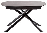 Moderner Esstisch mit runder Tischplatte und überkreuzten schwarzen Beinen, seitliche Perspektive.