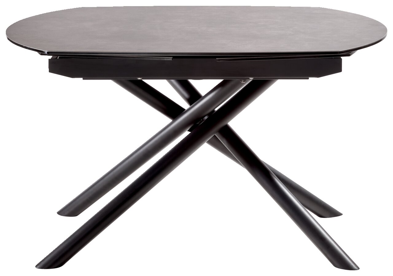 Moderner Esstisch mit runder Tischplatte und überkreuzten schwarzen Beinen, seitliche Perspektive.