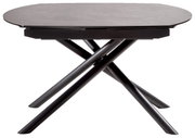 Moderne eettafel met rond tafelblad en gekruiste zwarte poten, gezien vanaf de zijkant.