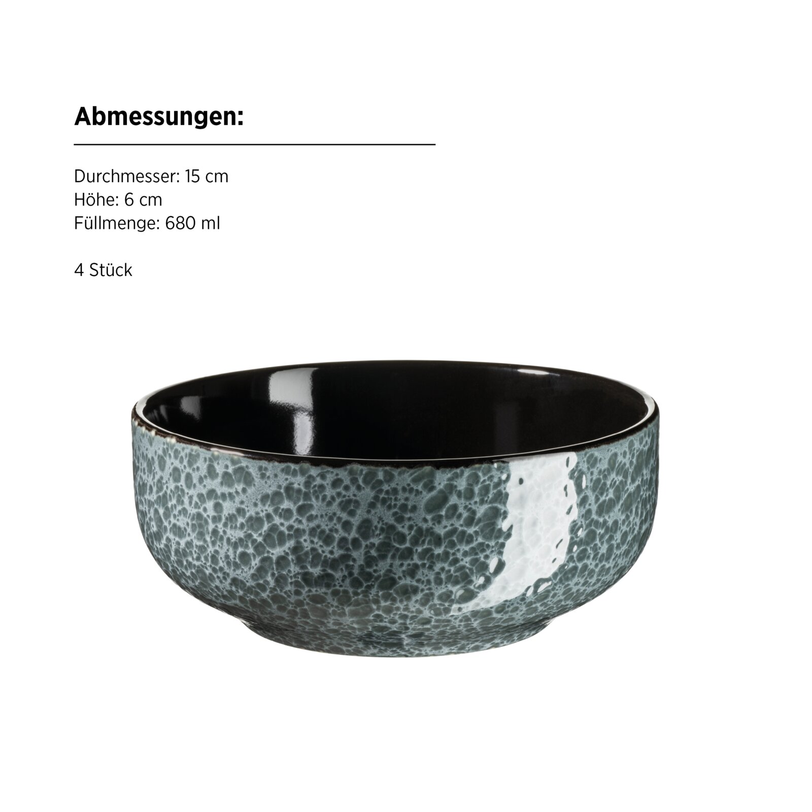 Keramikschale mit blau-grauer, gesprenkelter Glasur außen und schwarzer Innenseite, Ø 15 cm, Höhe 6 cm, 680 ml, 4 Stück – Frontansicht leicht von oben auf weißem Hintergrund