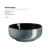 Keramikschale mit blau-grauer, gesprenkelter Glasur außen und schwarzer Innenseite, Ø 15 cm, Höhe 6 cm, 680 ml, 4 Stück – Frontansicht leicht von oben auf weißem Hintergrund