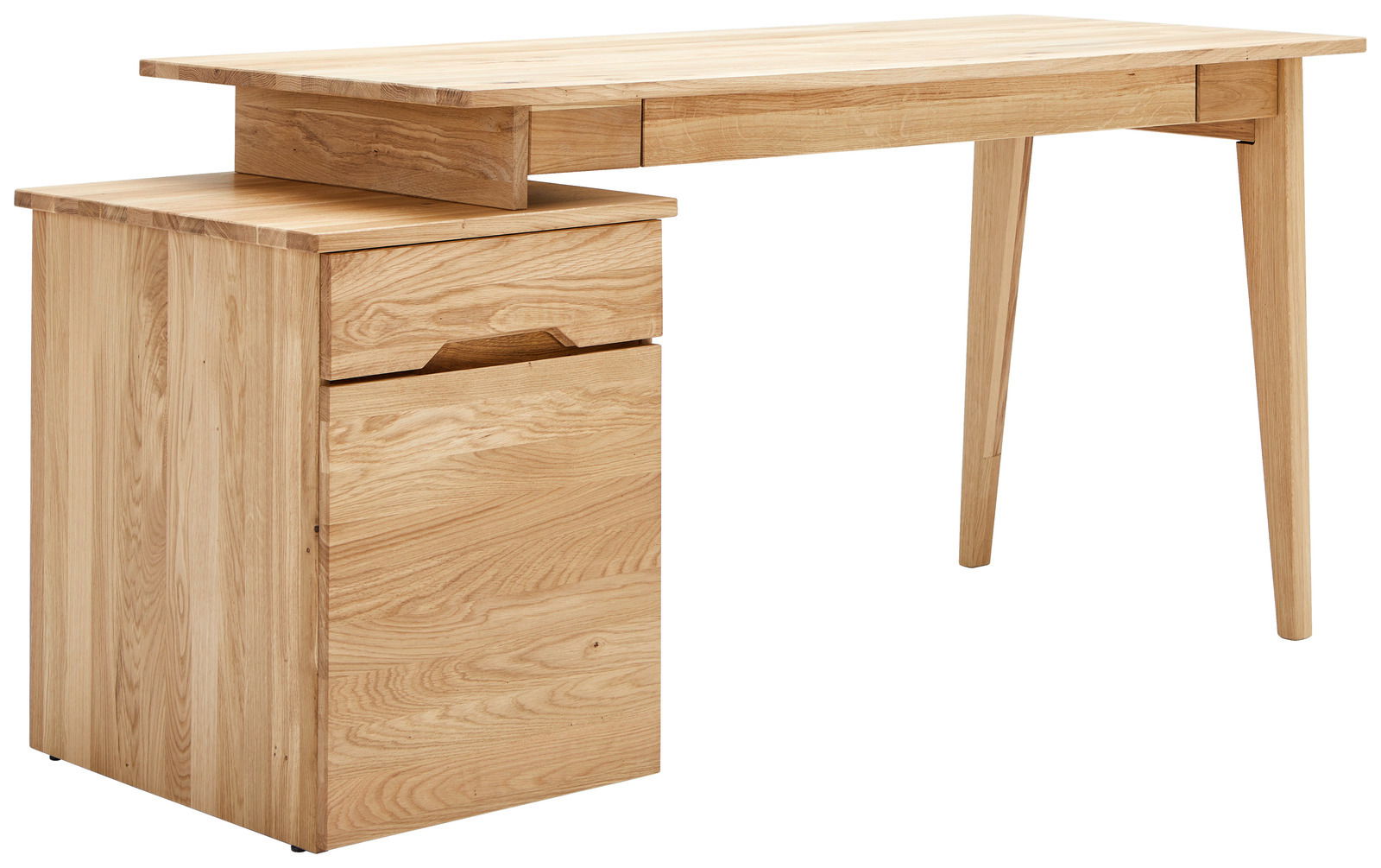 Moderner Schreibtisch aus hellem Holz mit Schubladen, seitliche Perspektive