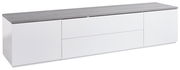 Modernes TV-Lowboard in Weiß mit grauer Oberseite, seitliche Perspektive