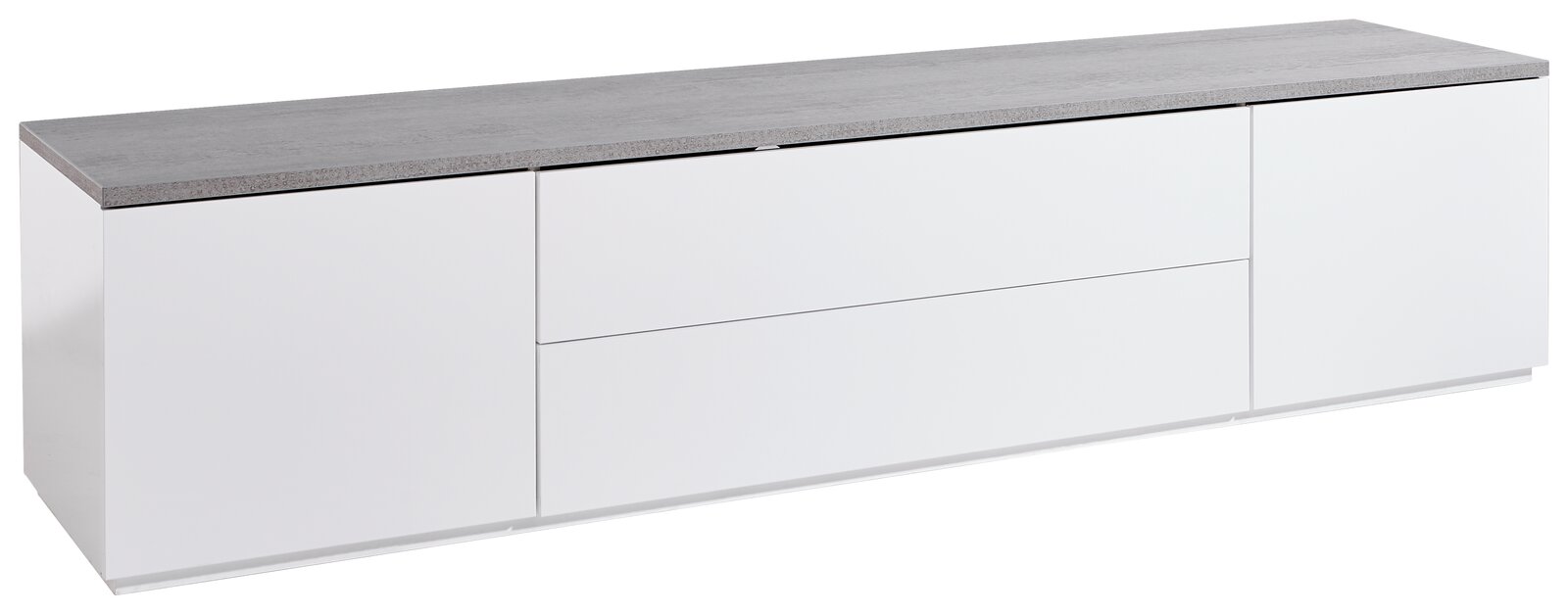 Modernes TV-Lowboard in Weiß mit grauer Oberseite, seitliche Perspektive