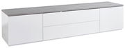 Modernes TV-Lowboard in Weiß mit grauer Oberseite, seitliche Perspektive
