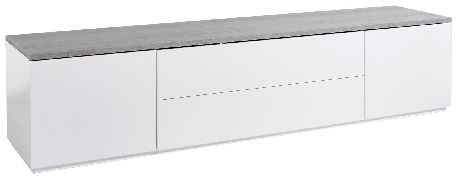Modernes TV-Lowboard in Weiß mit grauer Oberseite, seitliche Perspektive