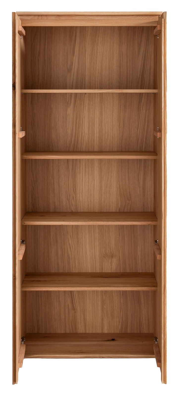 Vorderansicht eines hölzernen Aktenschranks mit mehreren Regalböden.