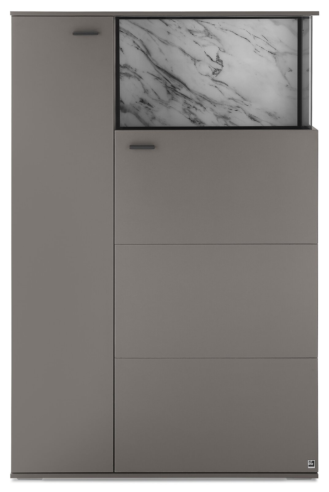 Modernes graues Sideboard/Highboard mit zwei Türen und Schublade, oben mit Marmoroptik-Front in schwarzem Rahmen, Produktansicht von vorne.
