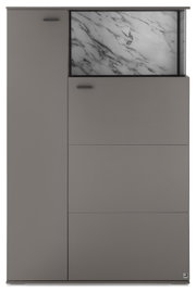 Modernes graues Sideboard/Highboard mit zwei Türen und Schublade, oben mit Marmoroptik-Front in schwarzem Rahmen, Produktansicht von vorne.