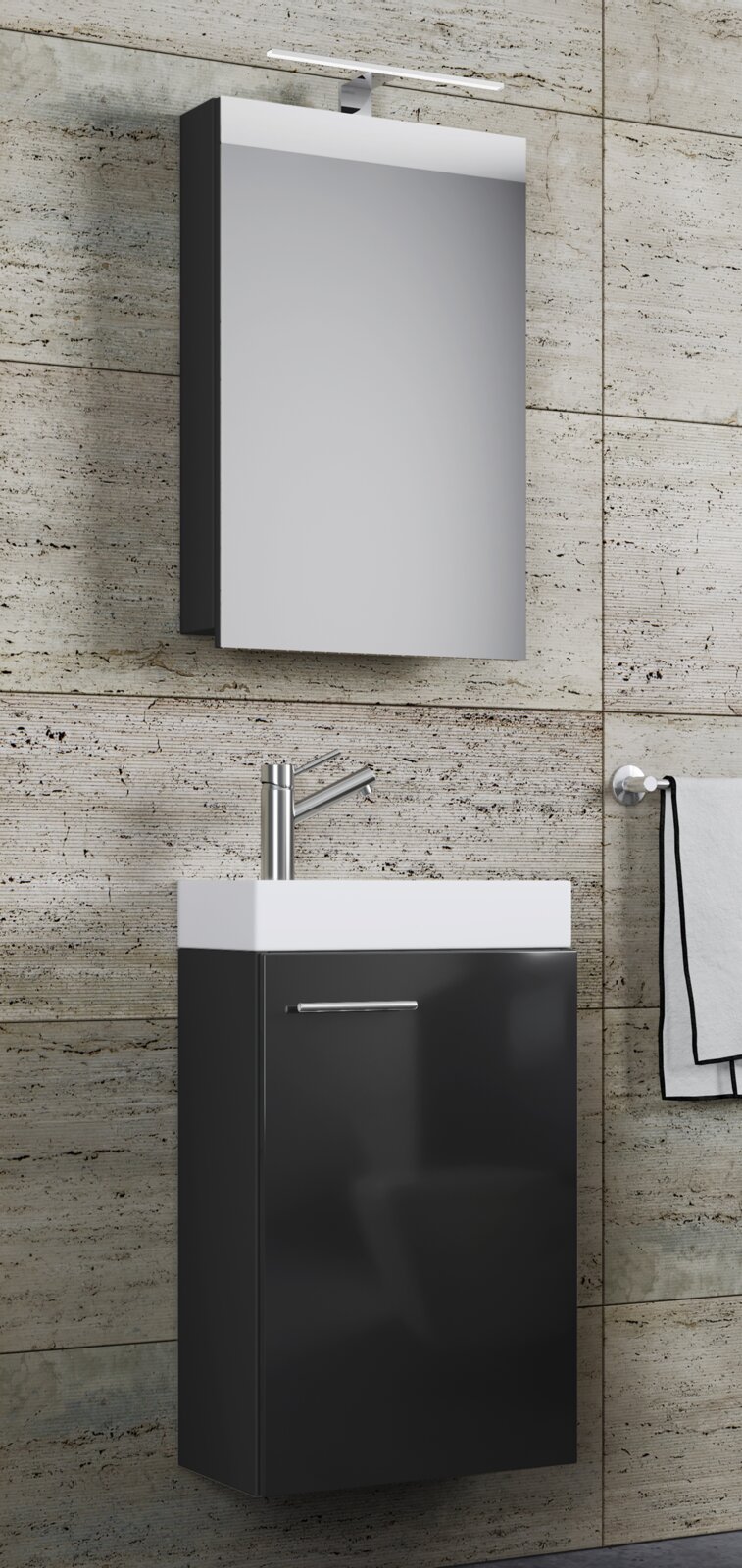 Modernes Badezimmer-Waschtischset mit schwarzem Unterschrank, weißem Waschbecken und rechteckigem Spiegelschrank mit LED-Aufsatzleuchte, frontal in leichter Linksansicht