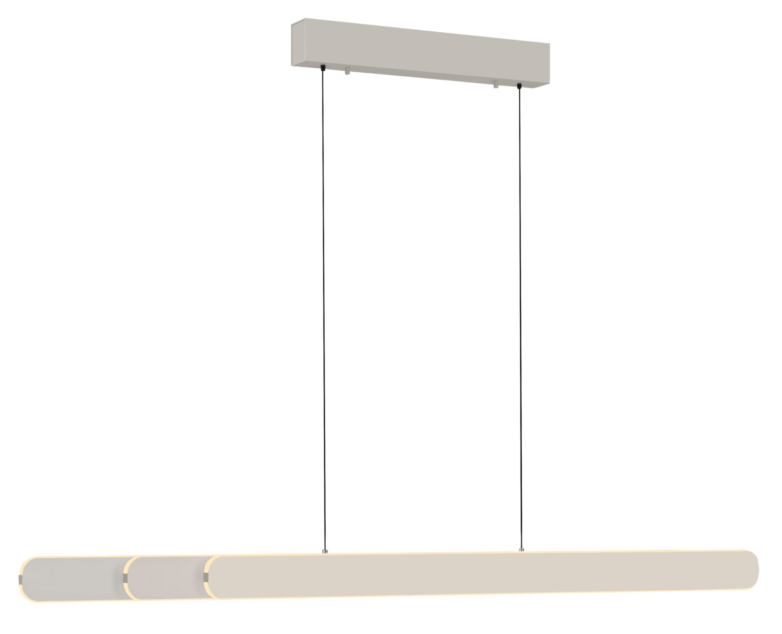 Moderne, längliche LED-Pendelleuchte in Beige/Creme mit abgerundeten Segmenten und warmem Lichtsaum, an zwei schwarzen Kabeln aufgehängt, Frontansicht auf weißem Hintergrund