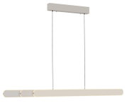 Moderne, längliche LED-Pendelleuchte in Beige/Creme mit abgerundeten Segmenten und warmem Lichtsaum, an zwei schwarzen Kabeln aufgehängt, Frontansicht auf weißem Hintergrund