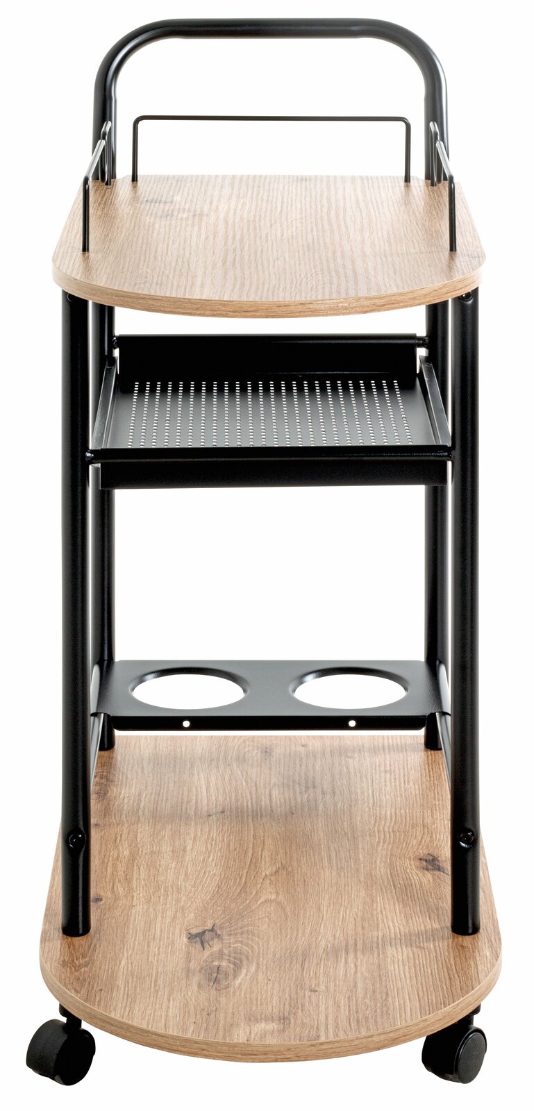 Küchenwagen auf Rollen mit drei Ebenen, Holzoptik und schwarzem Metallgestell, Vorderansicht