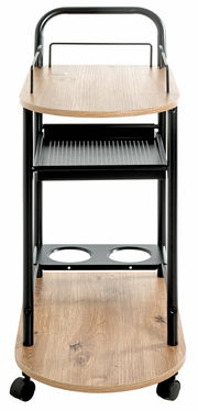 Küchenwagen auf Rollen mit drei Ebenen, Holzoptik und schwarzem Metallgestell, Vorderansicht