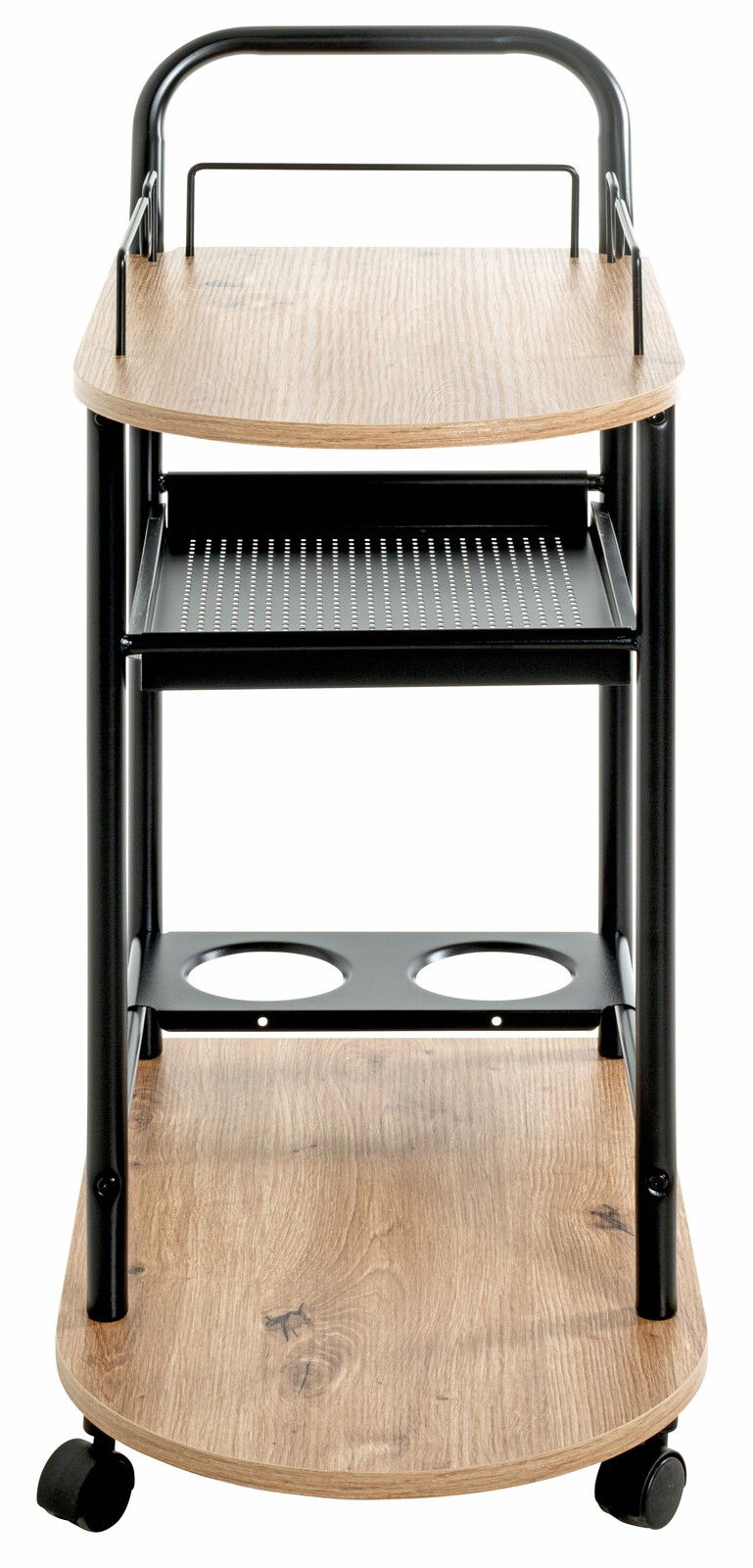 Küchenwagen auf Rollen mit drei Ebenen, Holzoptik und schwarzem Metallgestell, Vorderansicht
