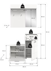 Bemaßte Darstellung eines weißen Badmöbel-Sets mit Spiegelschrank und Unterschrank, Frontansicht mit geöffneten Türen; Maße u. a. Spiegelschrank ca. 96×86×27 cm, Unterschrank ca. 98×86 cm, Gesamt­höhe ca. 191 cm sowie Traglastangaben (z. B. 3 kg, 5 kg, 65
