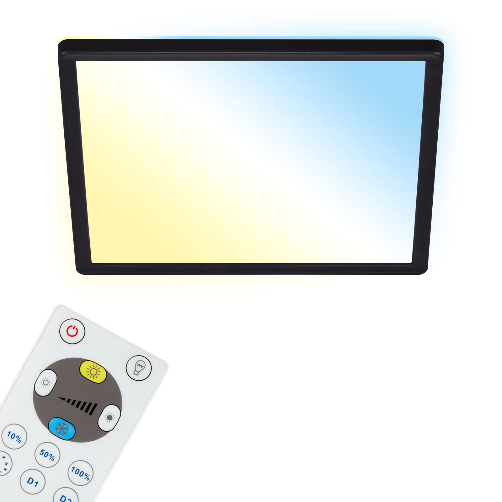 Rechteckige LED-Deckenleuchte mit Fernbedienung, Ansicht von unten. Die Leuchte strahlt in warmem und kühlem Licht.