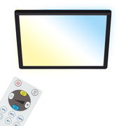 Rechteckige LED-Deckenleuchte mit Fernbedienung, Ansicht von unten. Die Leuchte strahlt in warmem und kühlem Licht.