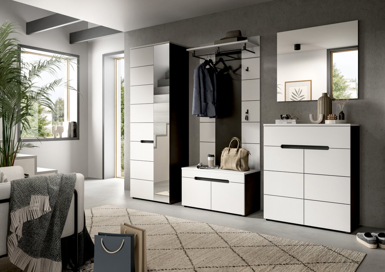 MID.YOU Garderobenpaneel CANU Modernes Flur-Garderoben-Set in Weiß mit schwarzen Akzenten: hoher Schrank mit Spiegel, Garderobenpaneel mit Kleiderstange und Sitzbank sowie Kommode mit Wandspiegel, gezeigt in schräger Frontansicht im hellen Eingangsbereich.