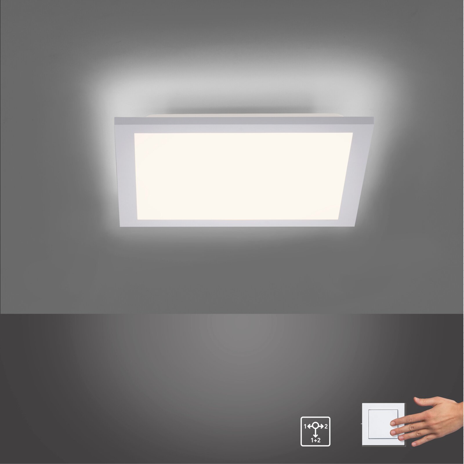 Rechteckige LED-Deckenleuchte in Weiß mit leuchtender Diffusorfläche, an der Decke montiert, Ansicht von unten (Untersicht)