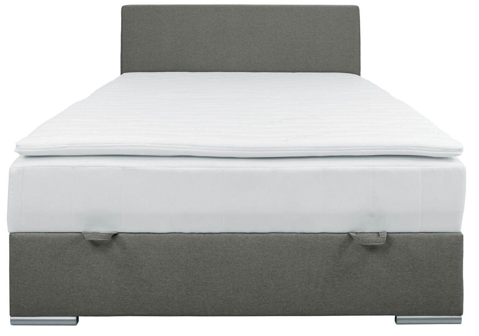 Frontale Ansicht eines grauen Boxbetts mit weißer Matratze und Kopfteil.