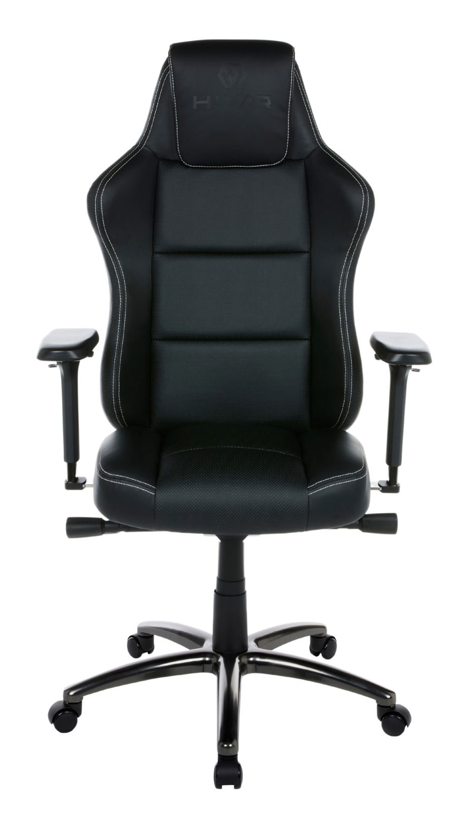 Frontansicht eines schwarzen Gaming-Stuhls mit verstellbaren Armlehnen und ergonomischem Design.