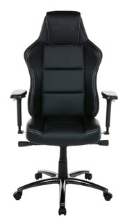 Frontansicht eines schwarzen Gaming-Stuhls mit verstellbaren Armlehnen und ergonomischem Design.