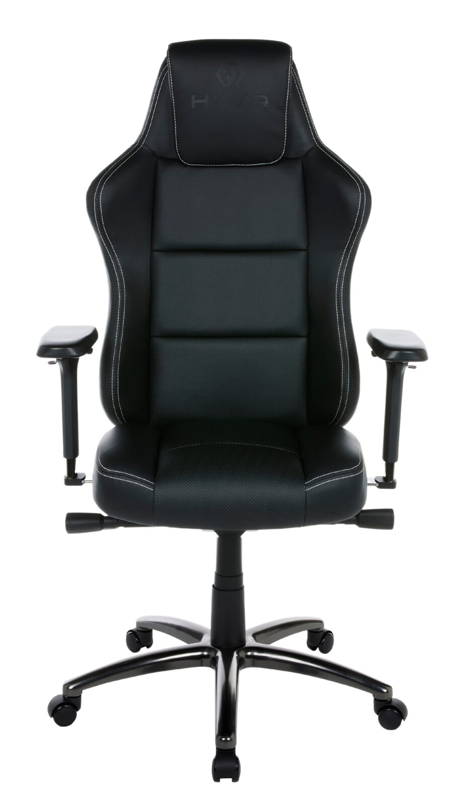 Frontansicht eines schwarzen Gaming-Stuhls mit verstellbaren Armlehnen und ergonomischem Design.