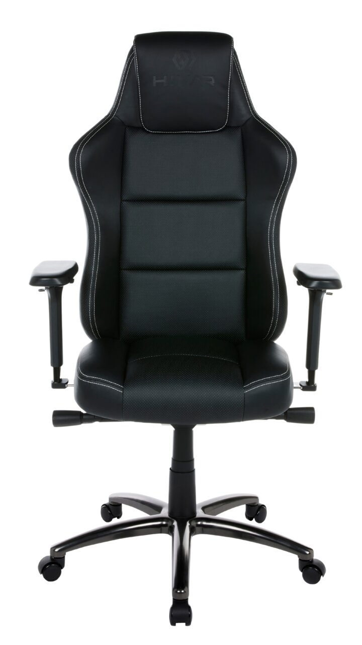 Frontansicht eines schwarzen Gaming-Stuhls mit verstellbaren Armlehnen und ergonomischem Design.