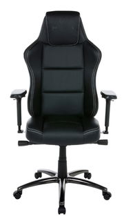 Frontansicht eines schwarzen Gaming-Stuhls mit verstellbaren Armlehnen und ergonomischem Design.