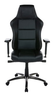 Frontansicht eines schwarzen Gaming-Stuhls mit verstellbaren Armlehnen und ergonomischem Design.